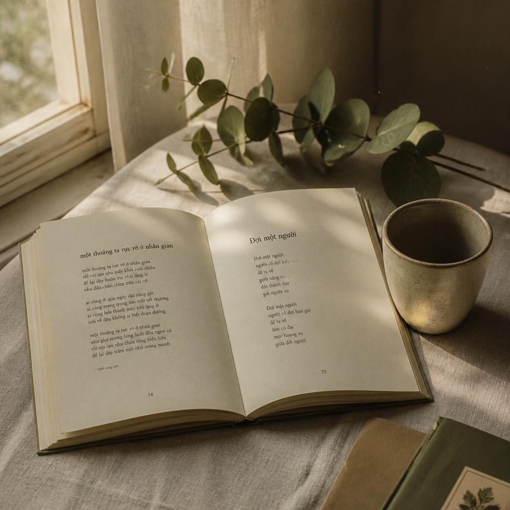 An open book and eucalyptus on a morning table