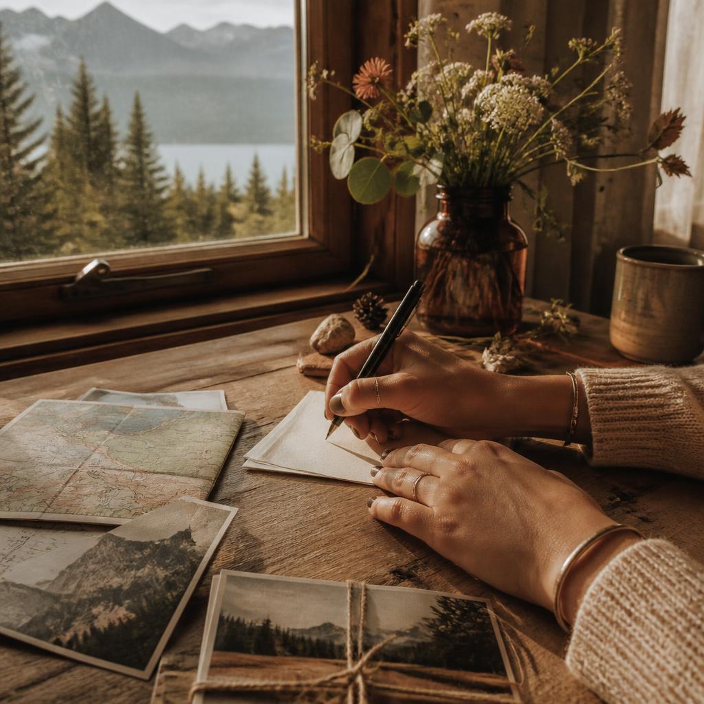 Hands writing postcards at a sunny desk